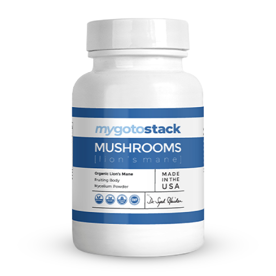 Mushrooms Lions mane supplement bottle.
