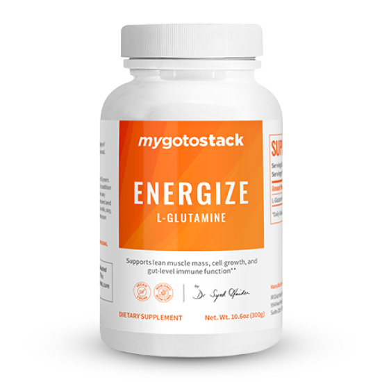 Energize L Glutamine supplement bottle.