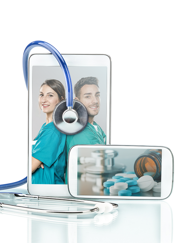 Symbolic image of a phone with doctors and a stethoscope, representing the 30-minute Med Team Call service
