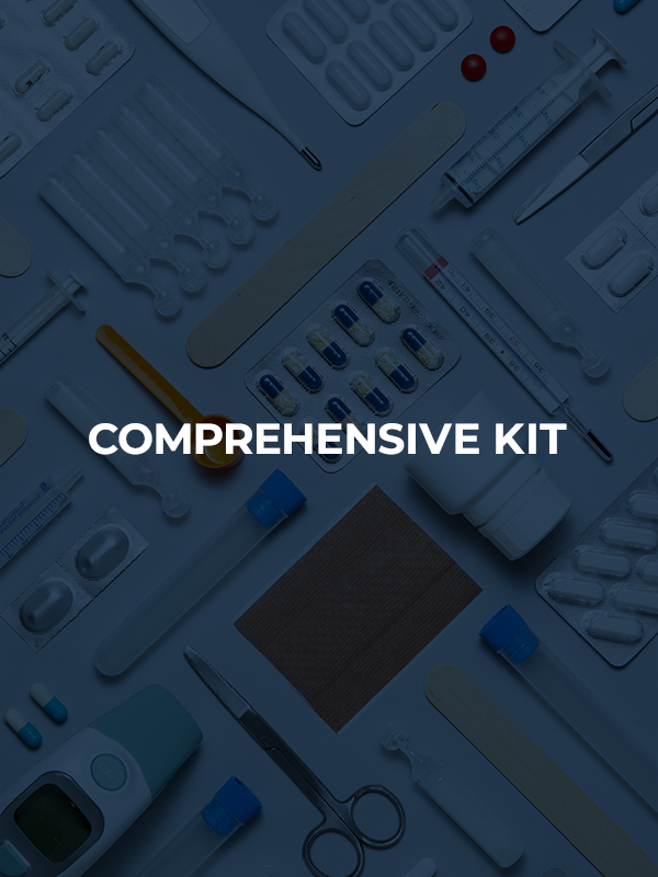 Various medications laid out on a surface, reflecting the Comprehensive Kit’s readiness for multiple health concerns