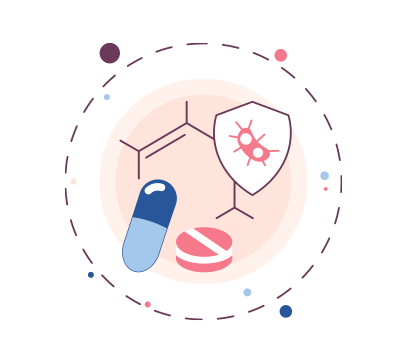 Illustration of pills and capsules representing the Antibiotics Protocol for targeted infection treatment.