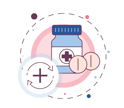 Illustration of a medicine bottle and pills representing the Back Up Supply Meds (BUS) prescription service.